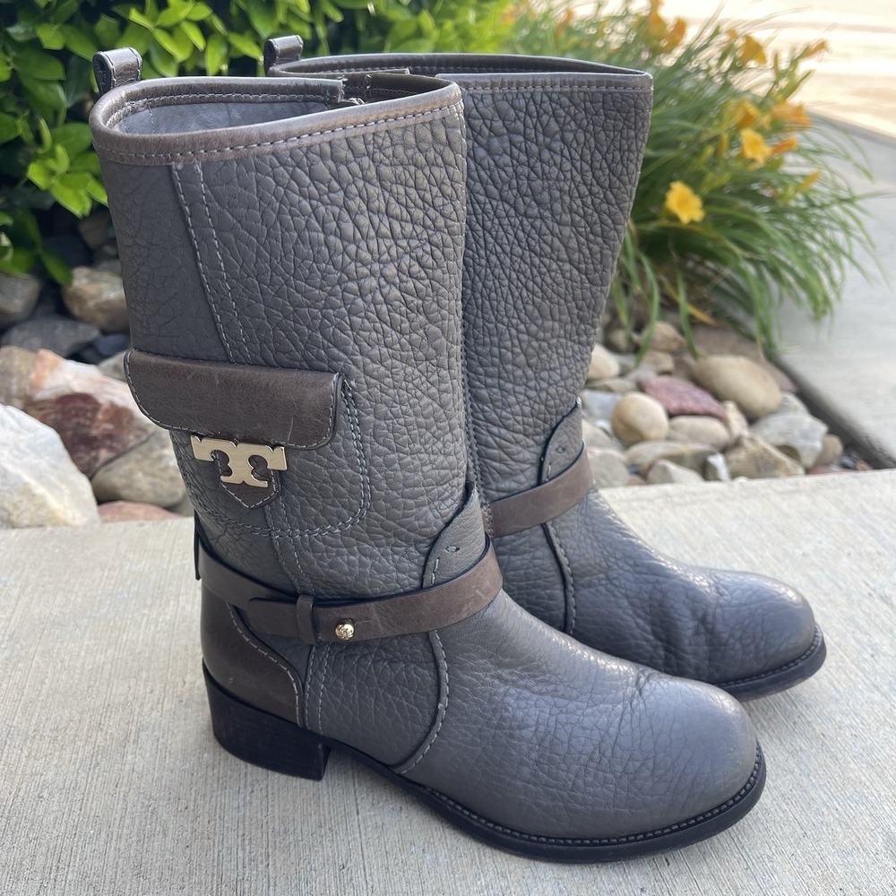 Tory Burch Boots Leona Leather Riding Boot Pocket Logo Midcalf Booties Sz 7
